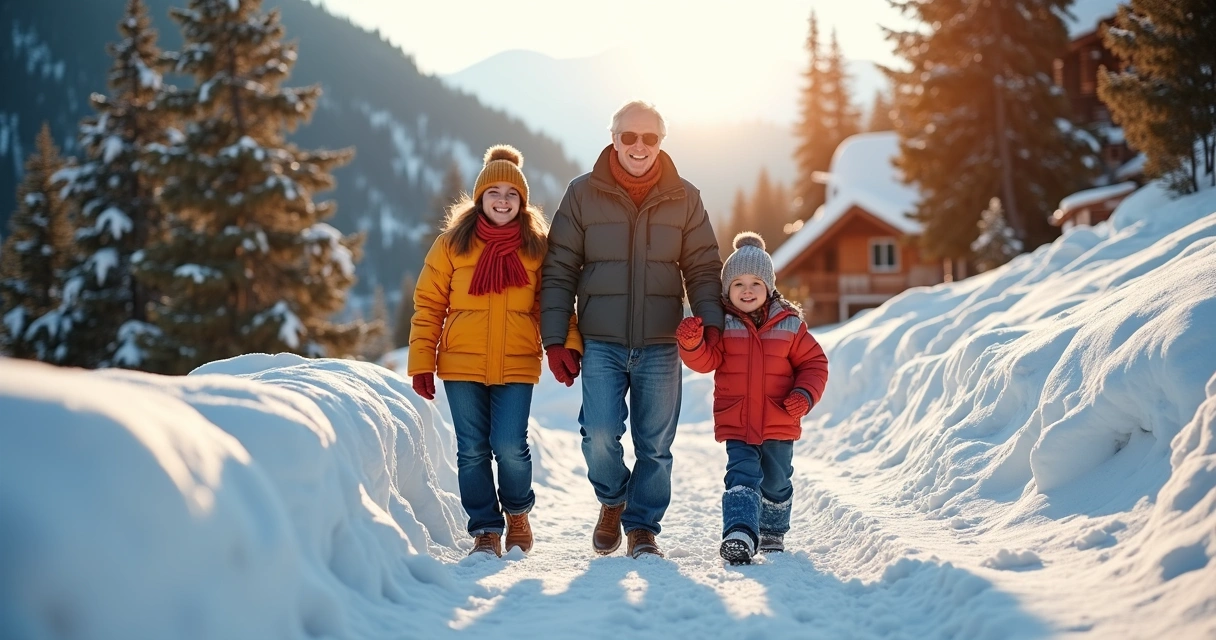 Família desfrutando de passeio em montanha nevada no inverno 