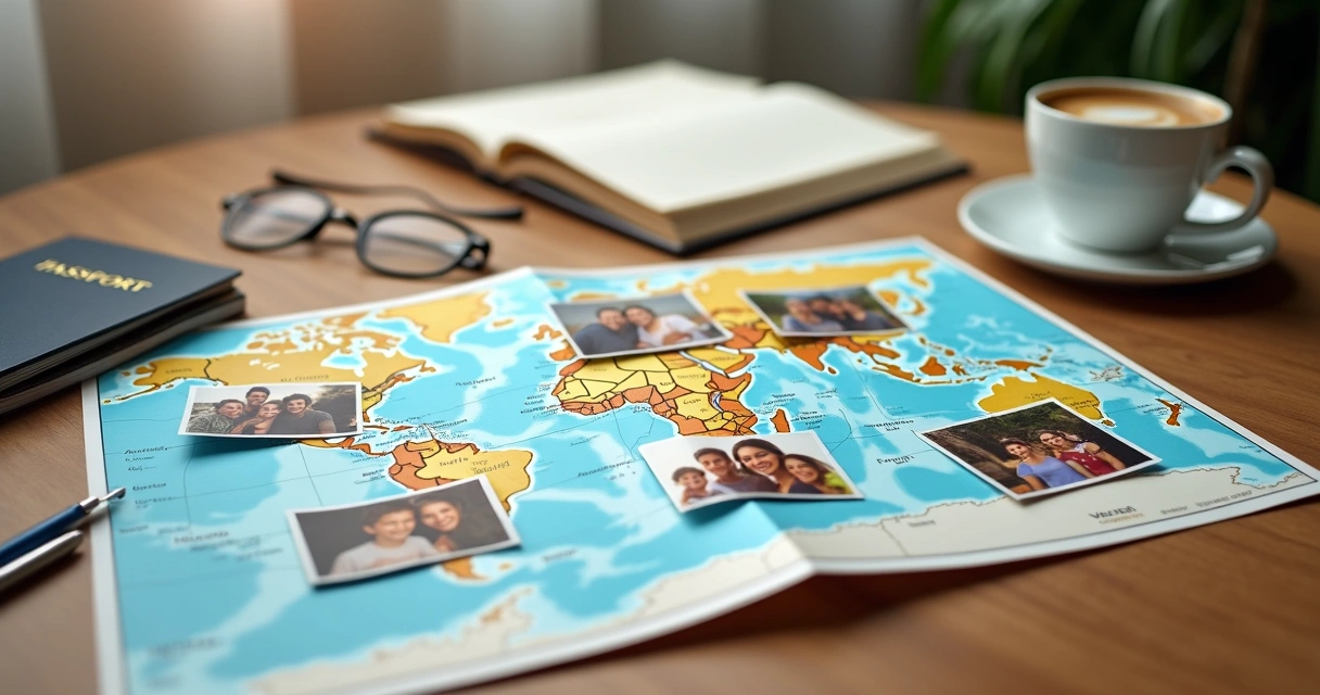 Mapa de viagem com fotos de família de diferentes idades 