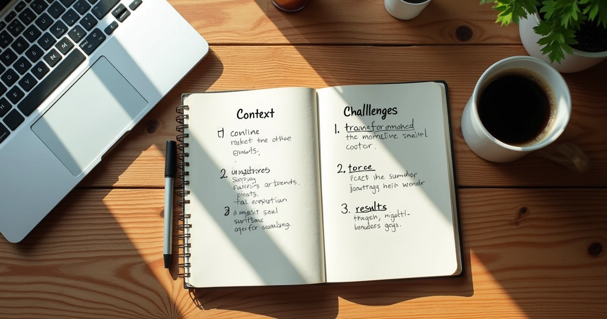 Roteiro manuscrito com tópicos de storytelling e laptop ao lado 