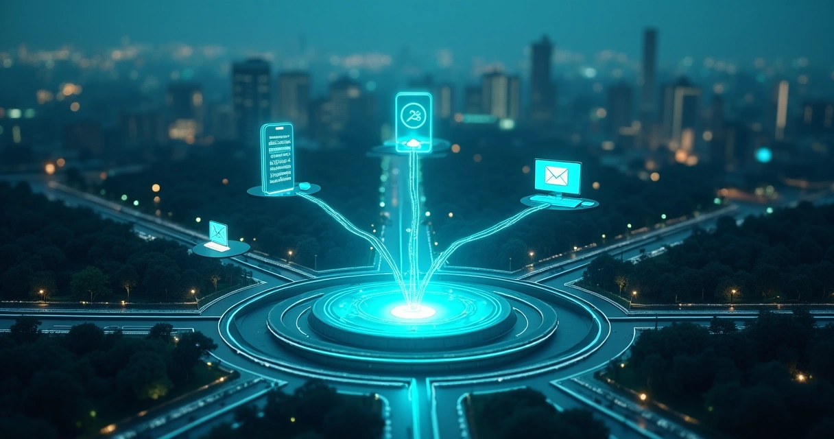 Mapa noturno de cidade com rotas de comunicação financeira conectando vários dispositivos 