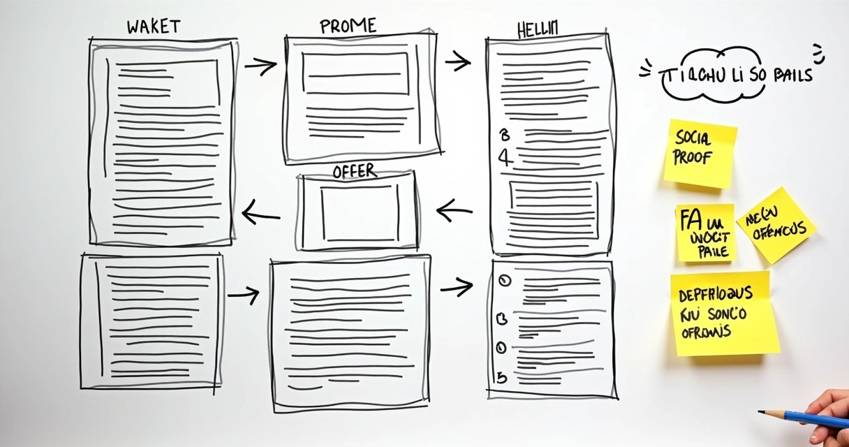 Estrutura visual de um roteiro de página de vendas do início ao CTA.