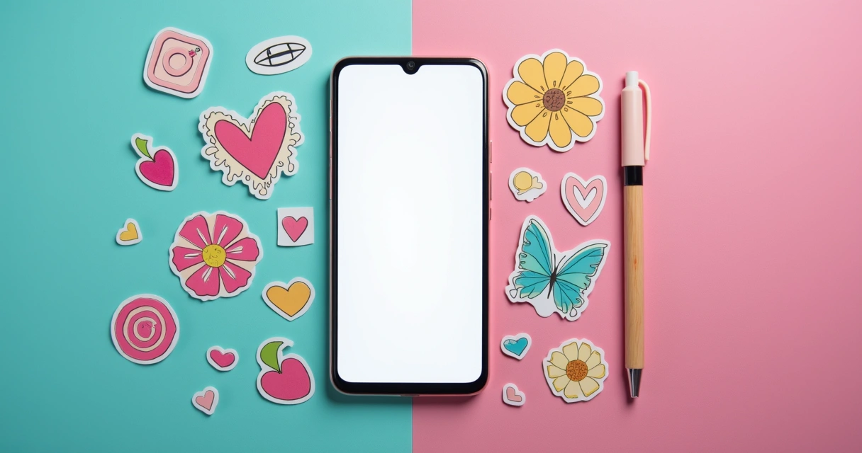 Celular sobre fundo colorido mostrando tela de TikTok, roteiro de vídeo em papel ao lado 