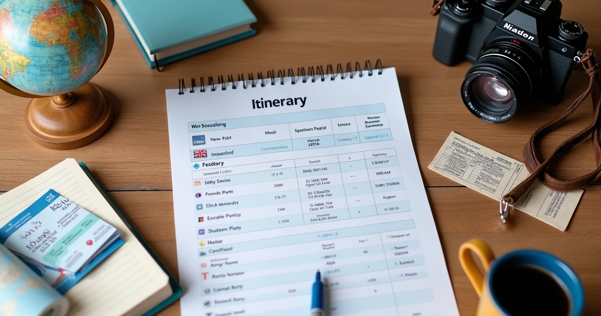 Roteiro de viagem personalizado impresso sobre uma mesa, com itens de viagem 