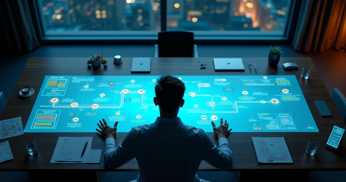 Profissional estudando mapa de carreira iluminado sobre grande mesa escura 
