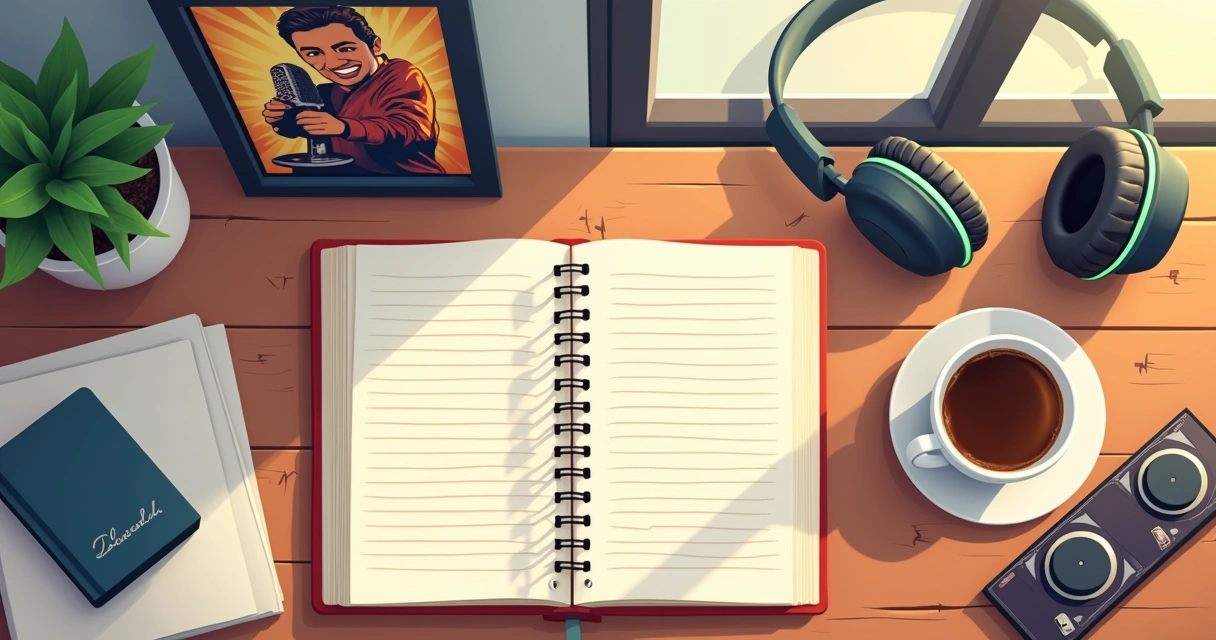 Mesa com roteiro manuscrito, fones de ouvido e pôster de filme clássico ao fundo.