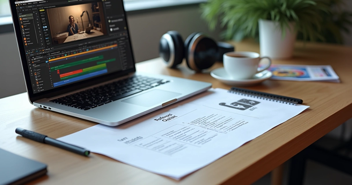 Pauta estruturada de podcast sobre mesa de escritório com laptop e fones de ouvido 