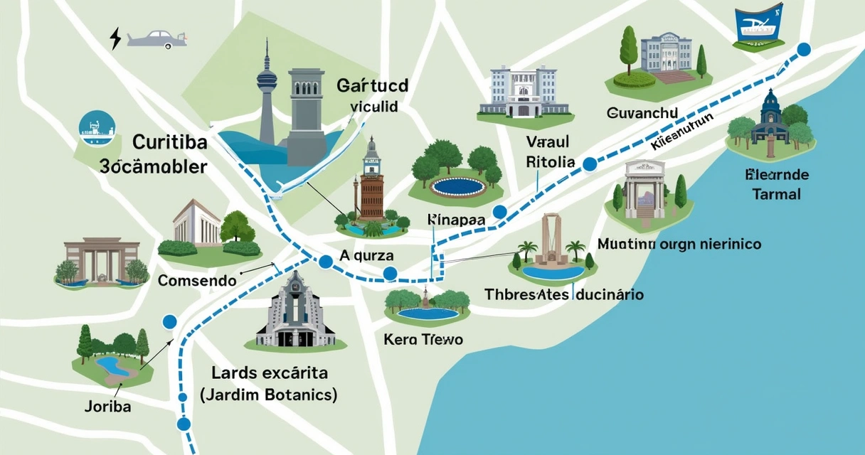 Mapa ilustrativo de roteiro de city tour privativo em Curitiba 