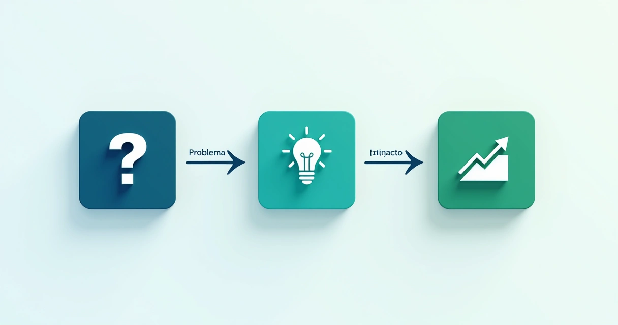 Gráfico mostrando etapas problema, solução e impacto conectadas por setas 