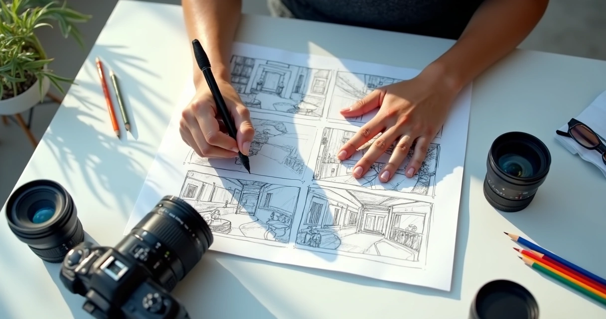 Roteiro de produção de vídeo e equipamentos sobre mesa de trabalho 