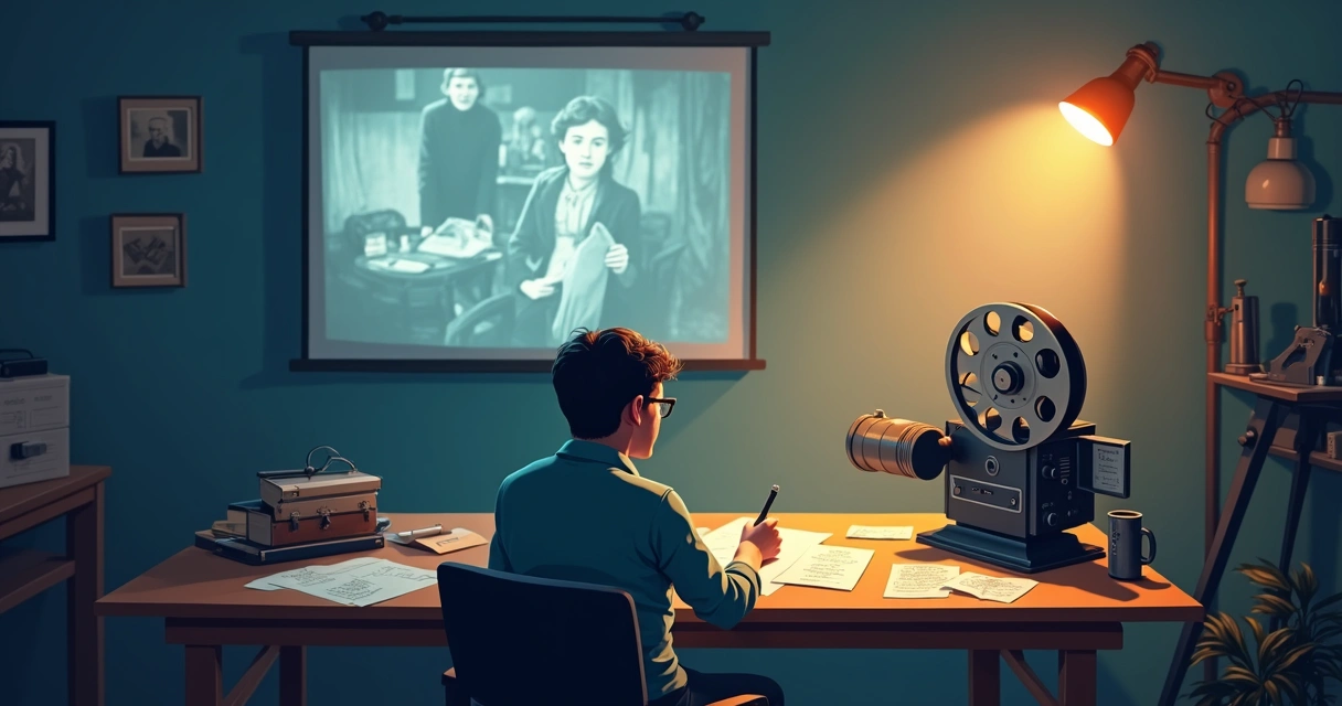 Roteirista descrevendo cenas de filme antigo para audiodescrição 