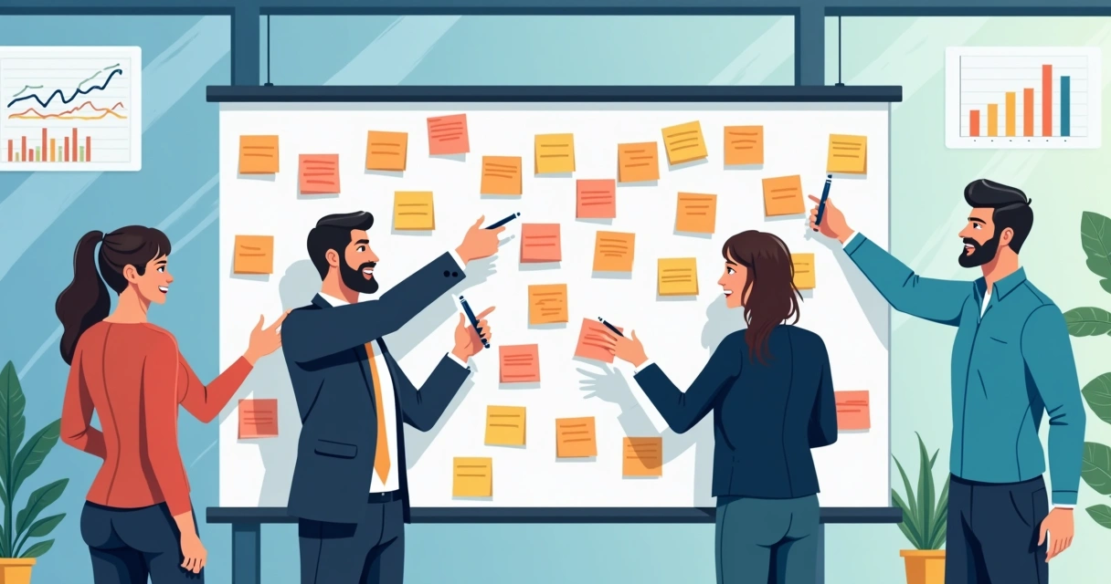 Quadro branco com roteiro de projeto de marketing detalhado e post-its coloridos 