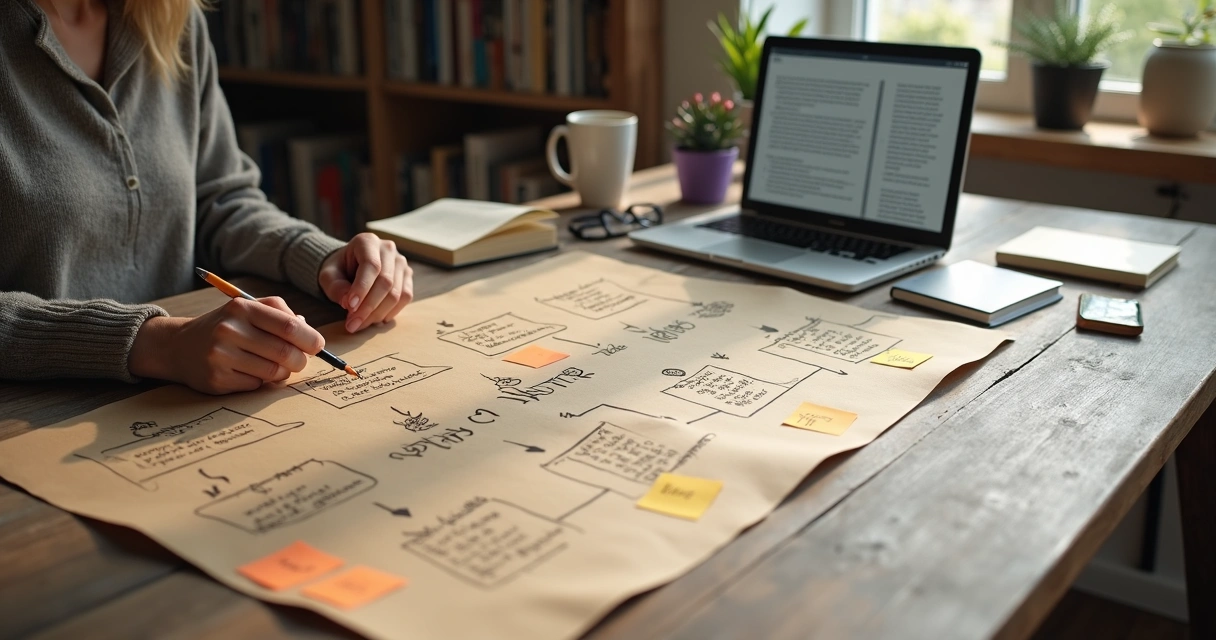 Escritor independente montando fluxo visual passo a passo para publicar livro 