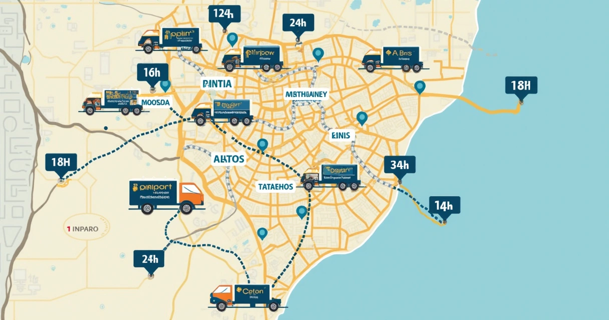 Mapa de São Paulo destacando regiões de entrega expressa de camisetas 