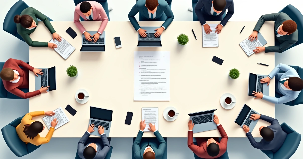 Mesa de reunião com roteiro pronto e laptops abertos. 