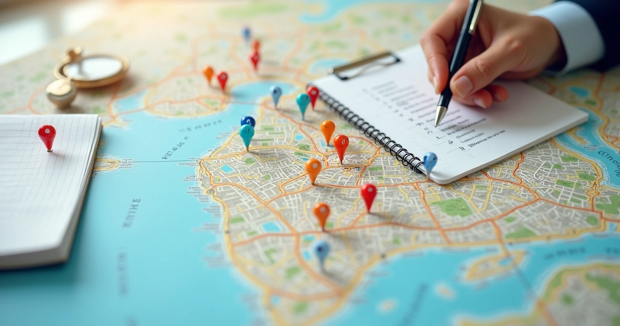 Mapa de rotas com marcadores para visitas comerciais em bairros diferentes