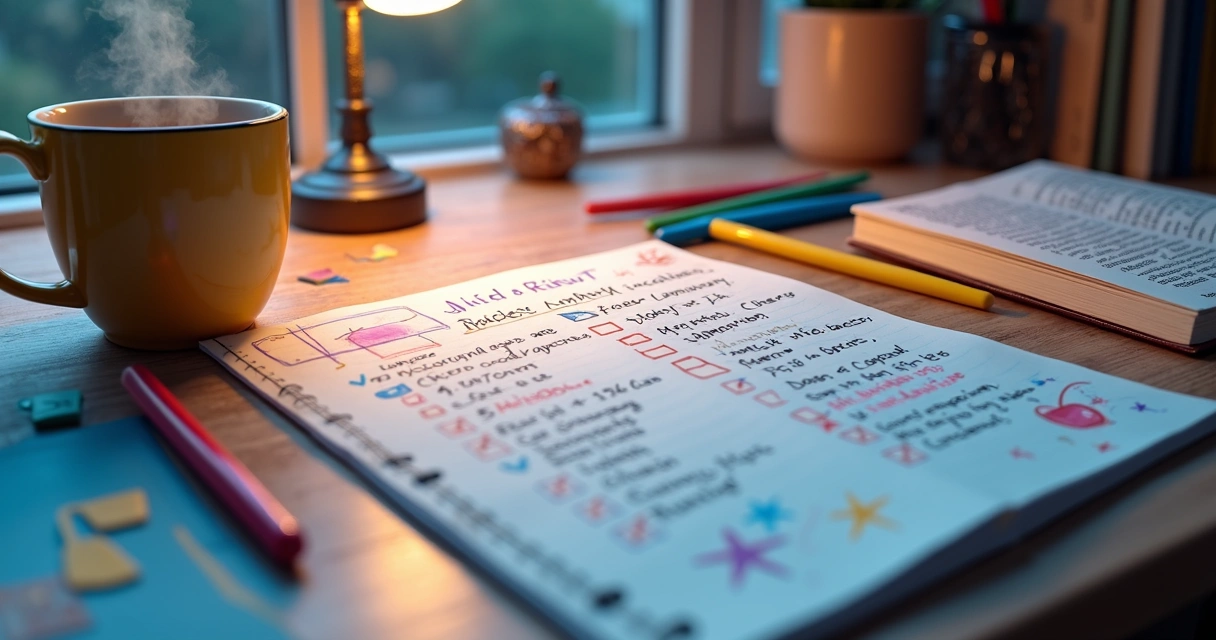 Roteiro de revisão noturna escrito à mão em papel colorido