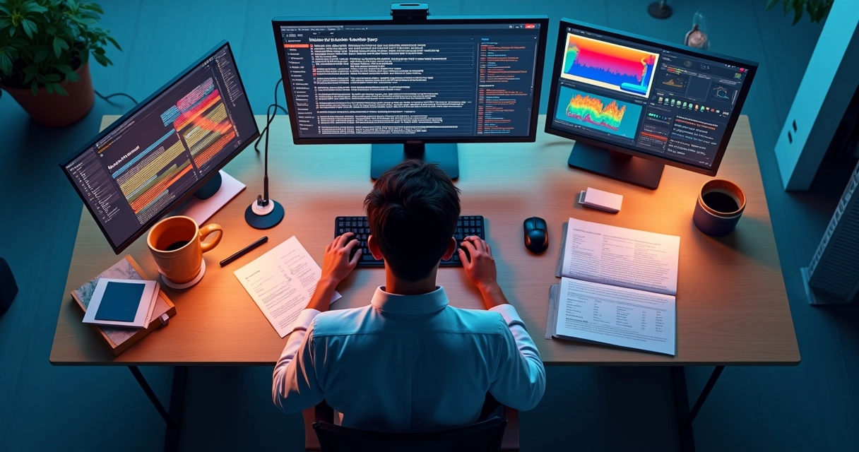 Profissional de marketing revisando roteiro digital no computador com gráficos coloridos ao lado 