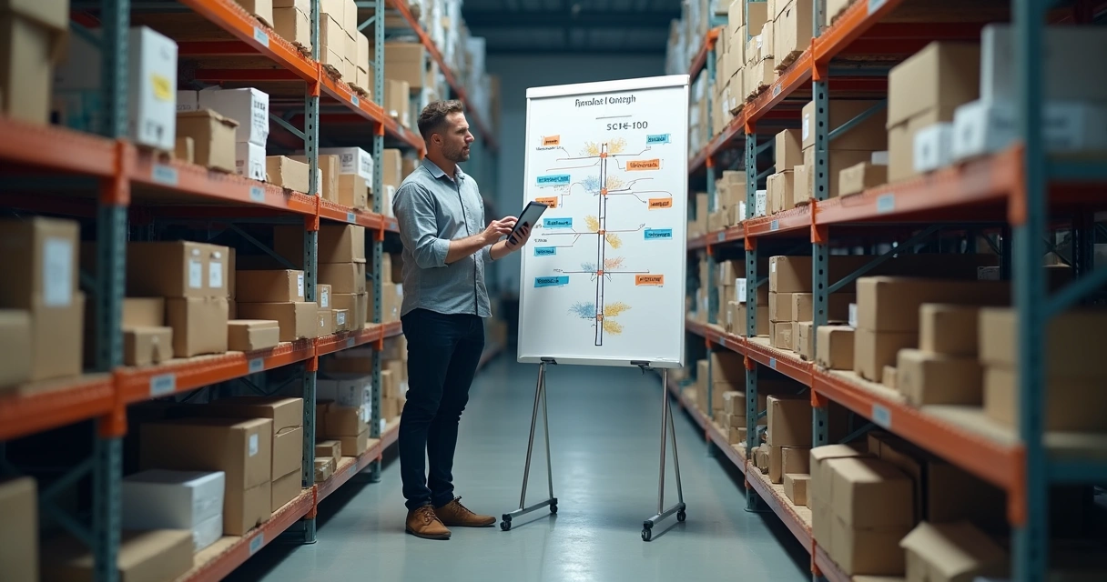 Dono de PME desenhando roadmap de produto em quadro vertical com setas e etapas 