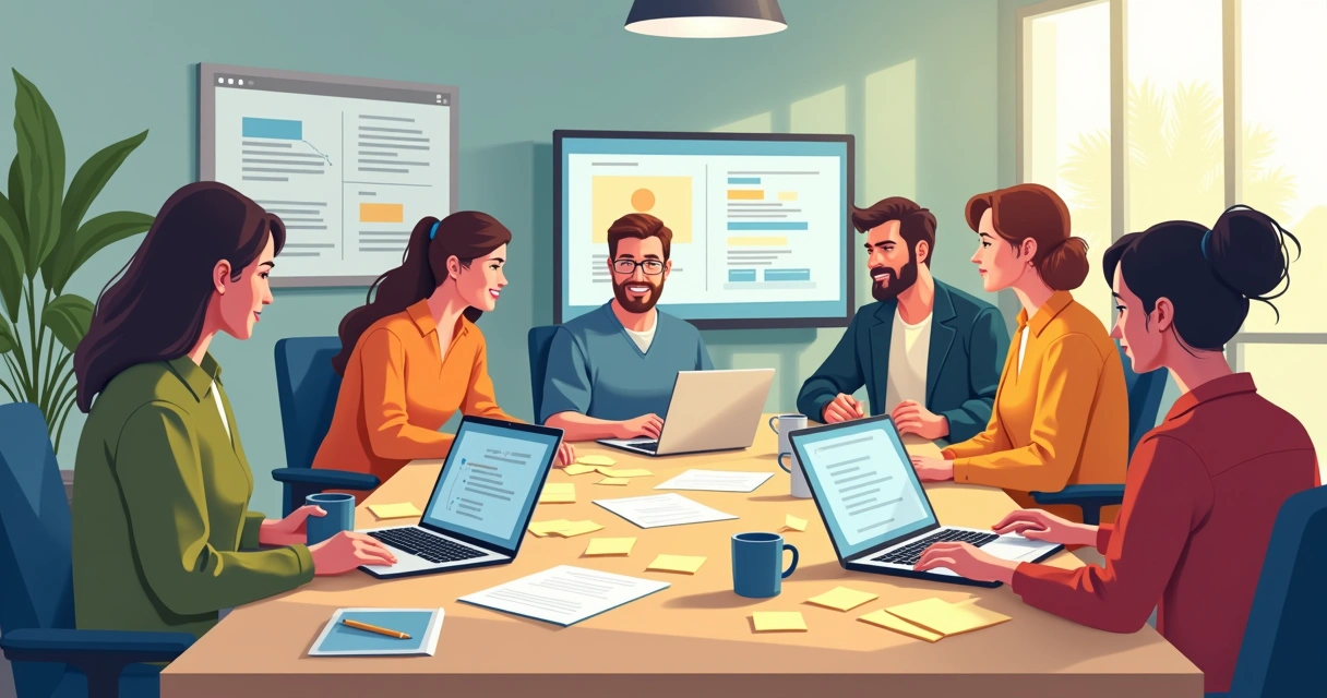 Equipe redigindo roteiro em sala de comunicação 