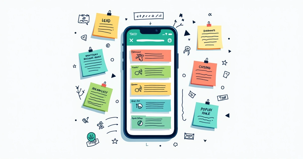 Representação visual de roteiro de vendas estruturado no WhatsApp com etapas do funil e contatos organizados
