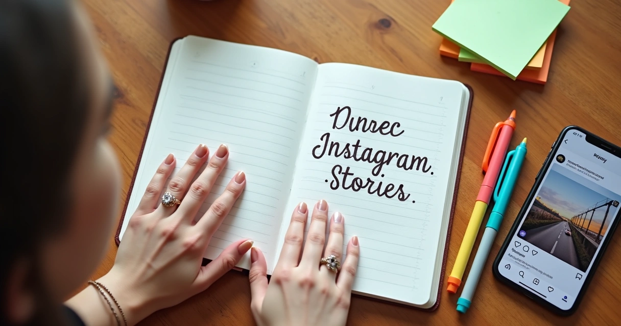 Caderno aberto com roteiro escrito para stories de Instagram 