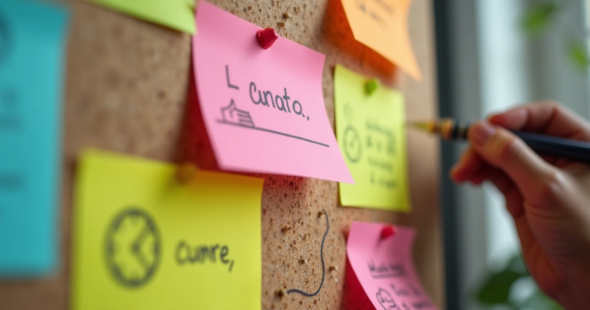 Painel com post-its coloridos organizando ideias de roteiro de vídeo curto 