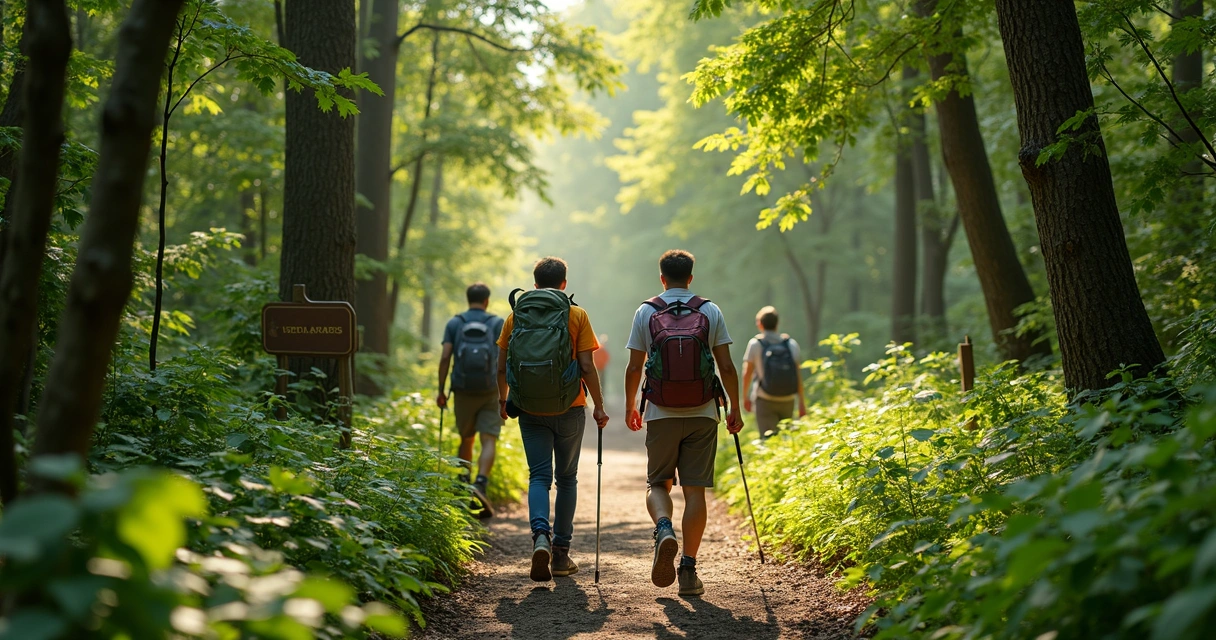 Turista caminhando por trilha em floresta com guia local 