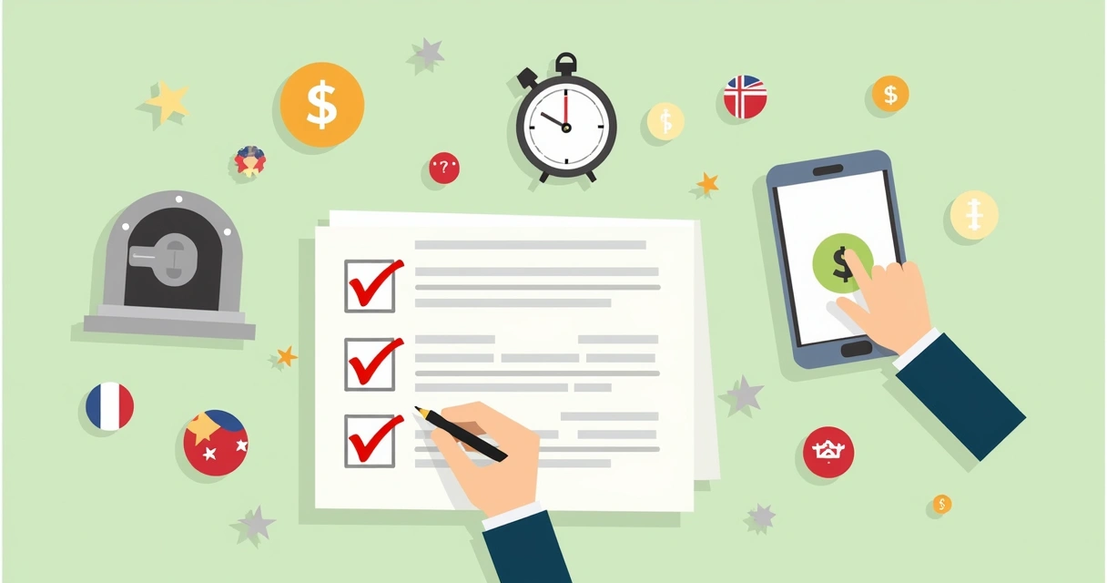 Checklist for international transfer with icons of a safe, clock, different flags, and practical guide