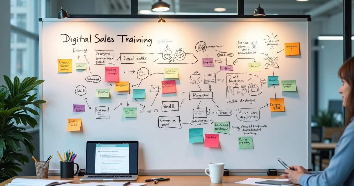Quadro branco com roteiro de treinamento de vendas digital 