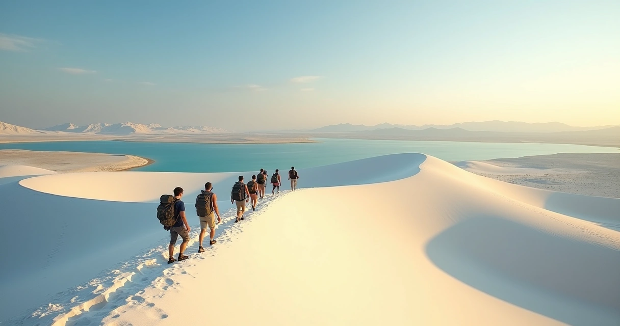 Trilha nas dunas dos Lençóis Maranhenses com grupo de viajantes e lagoas ao fundo 
