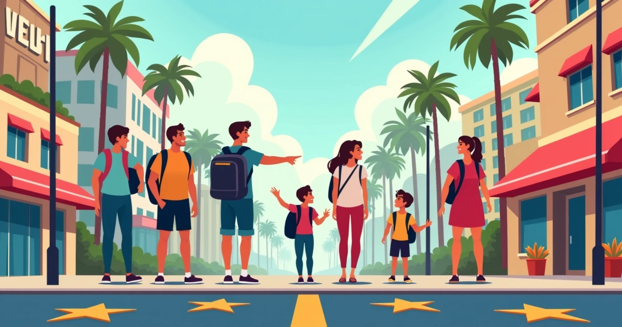 Touristas caminhando com mapa e mochilas em rua de Hollywood 