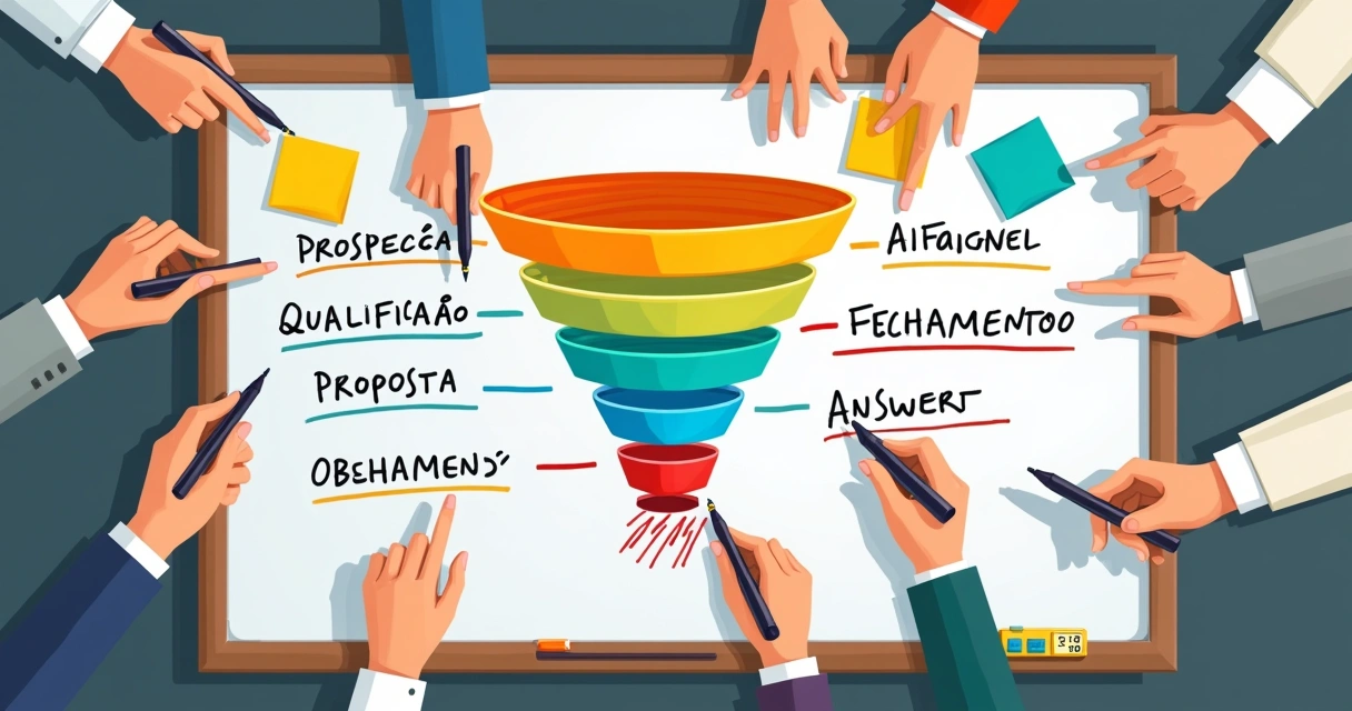 Quadro branco com funil de vendas desenhado e etapas do processo destacadas por cores 