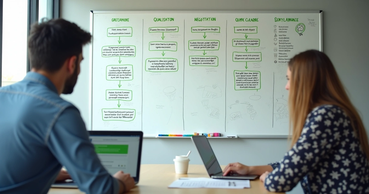 Quadro branco com fluxos de mensagens de vendas pelo WhatsApp organizados em etapas do funil 