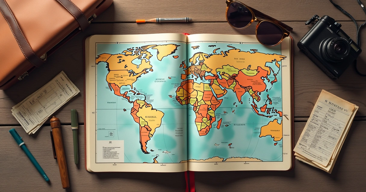 Mapa, caderno e objetos de viagem organizados sobre uma mesa 