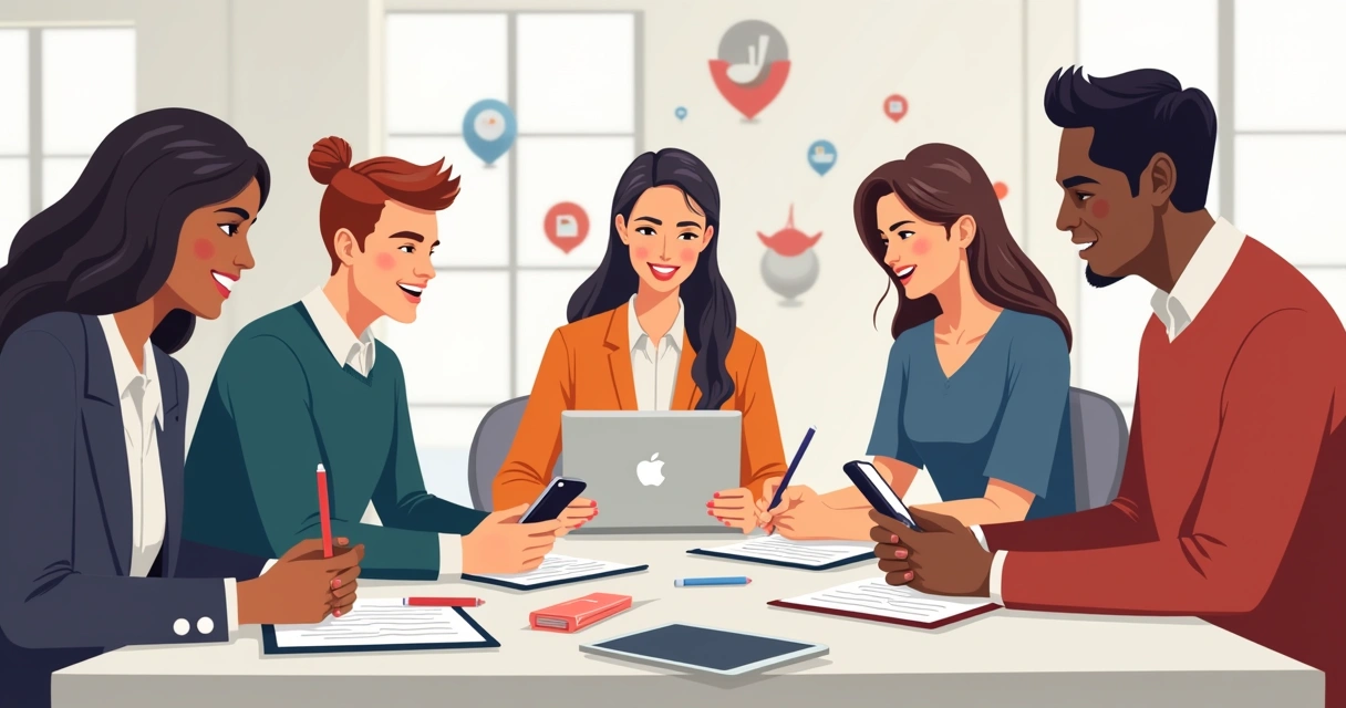 Equipe produzindo roteiro para vídeo de campanha eleitoral em mesa com folhas, celulares e laptops 