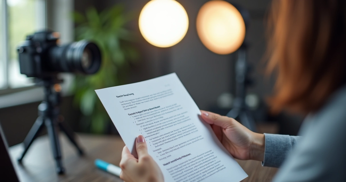 Pessoa segurando roteiro impresso com câmera ao fundo em ambiente de gravação digital 