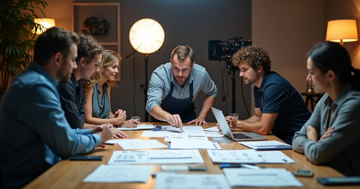 Equipe de produção de vídeo organizando roteiros e equipamentos em uma sala 