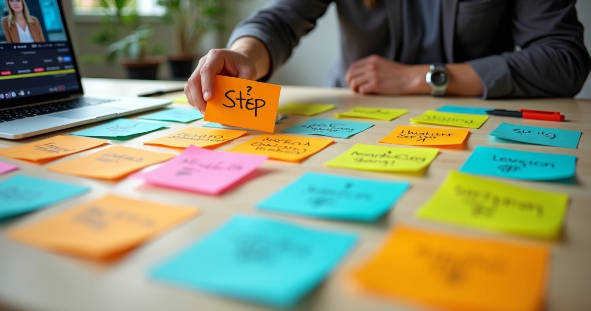Roteiro de vídeo com etapas em post-its coloridos 