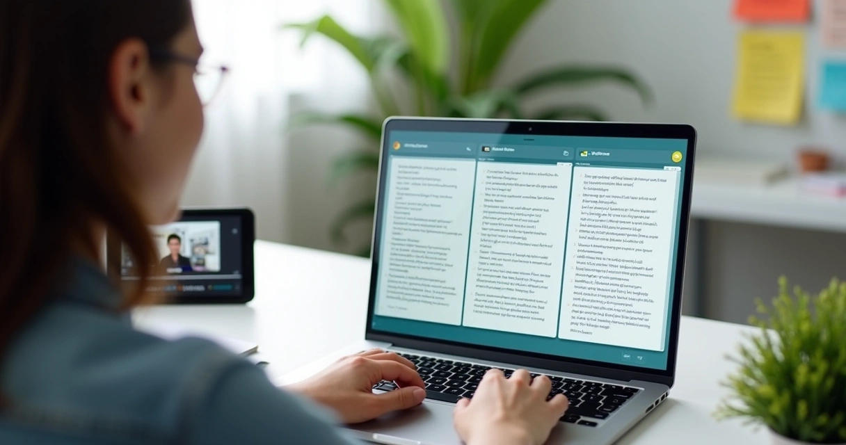 Pessoa em frente a um computador criando roteiro de vídeo com interface de IA 