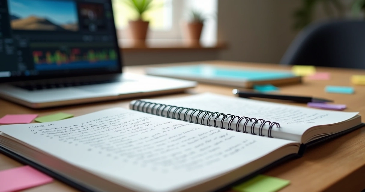 Mesa com notebook, caderno e caneta mostrando criação de roteiro de vídeo com anotações e storyboards 