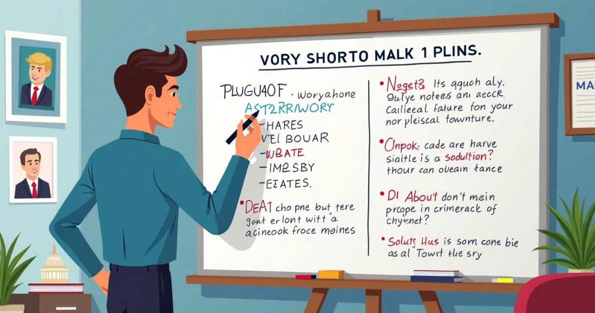 Roteirista político escrevendo roteiro para vídeo curto com palavras-chave e storyboard em lousa