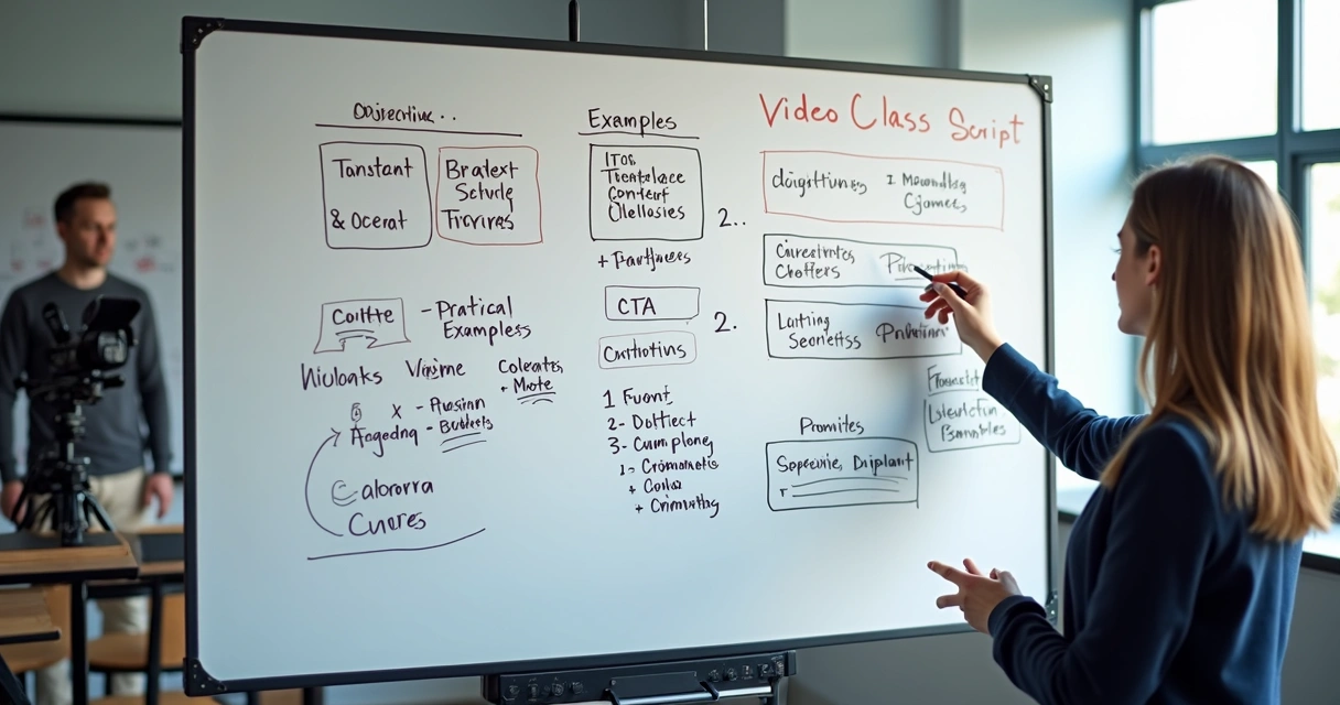 Quadro branco com o planejamento de roteiro de vídeo aula, mostrando blocos definidos e exemplos práticos 