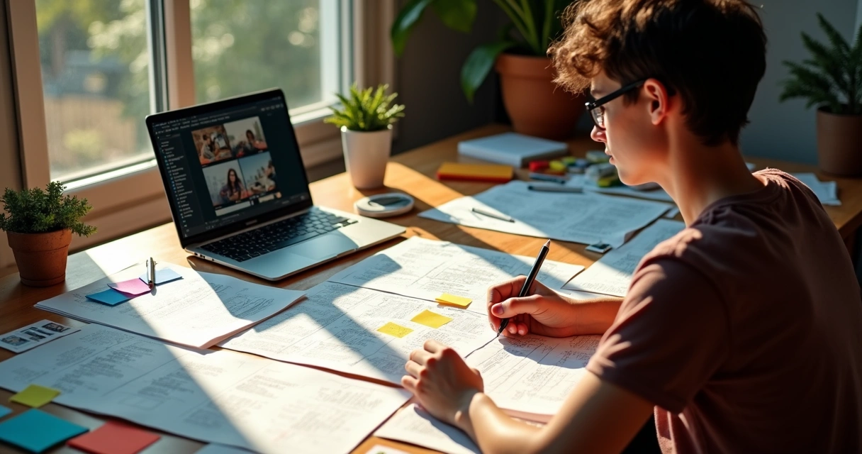 Videomaker estudando roteiro com anotações espalhadas 
