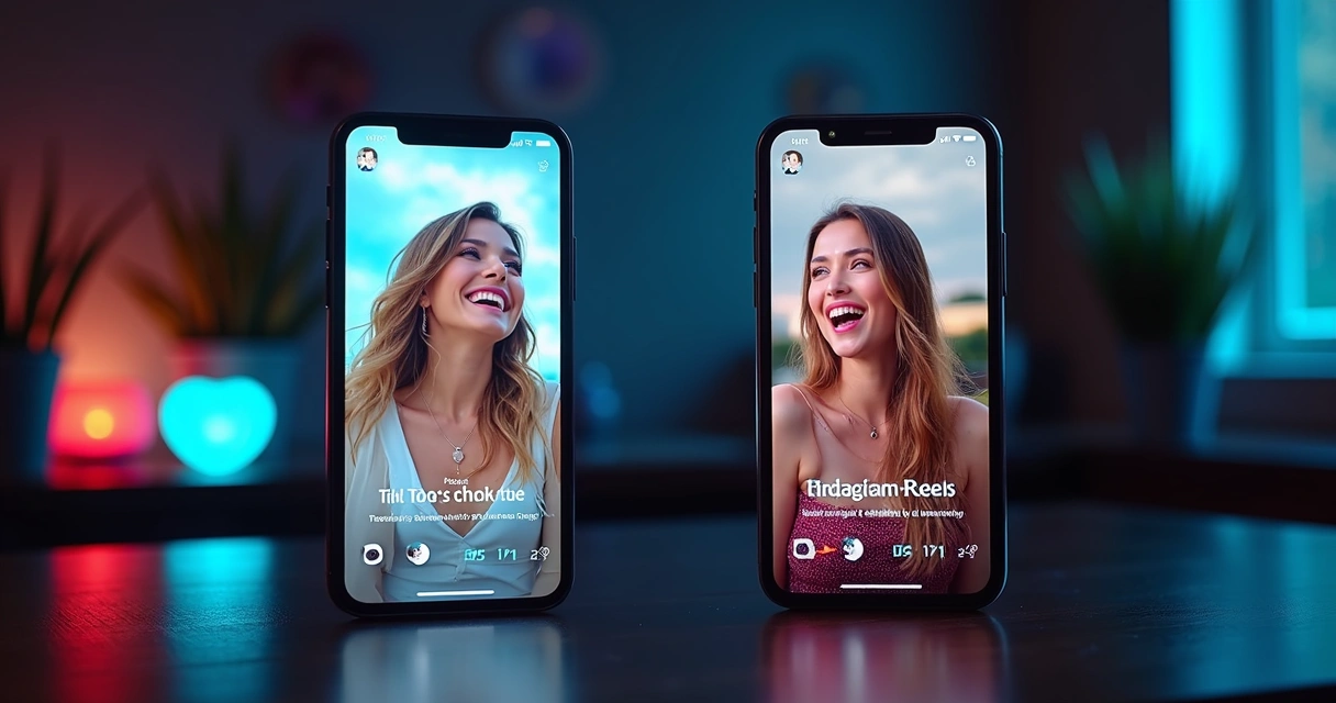 Celulares exibindo telas de vídeos curtos lado a lado 