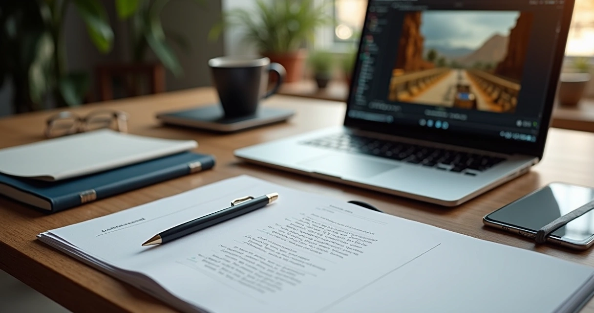 Mesa de trabalho organizada com roteiro para vídeo didático em papel, laptop aberto com editor de texto e caneta ao lado 