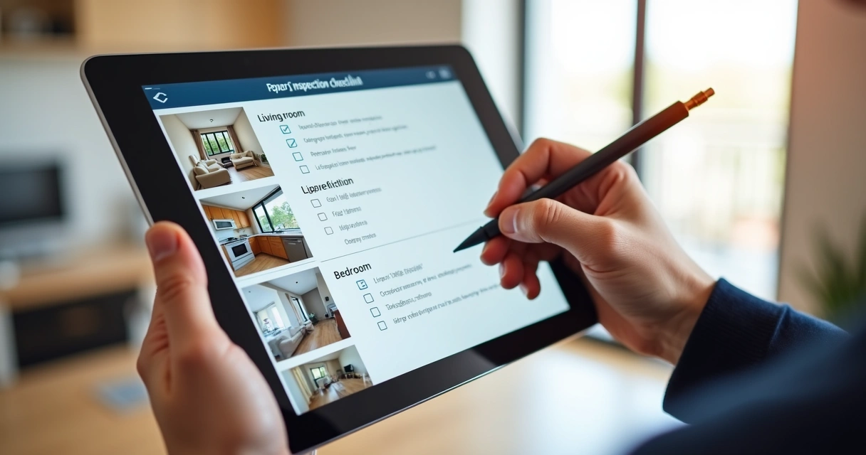 Roteiro de vistoria com checklist e fotos em tablet