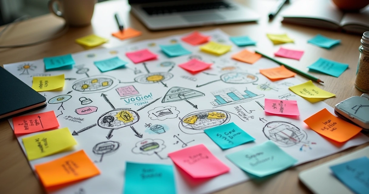 Esboço de roteiro visual com cartões e anotações coloridas 