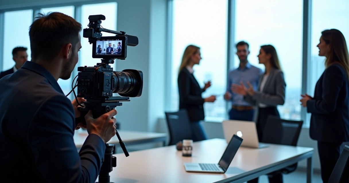 Equipe gravando cena de vídeo institucional para empresa 