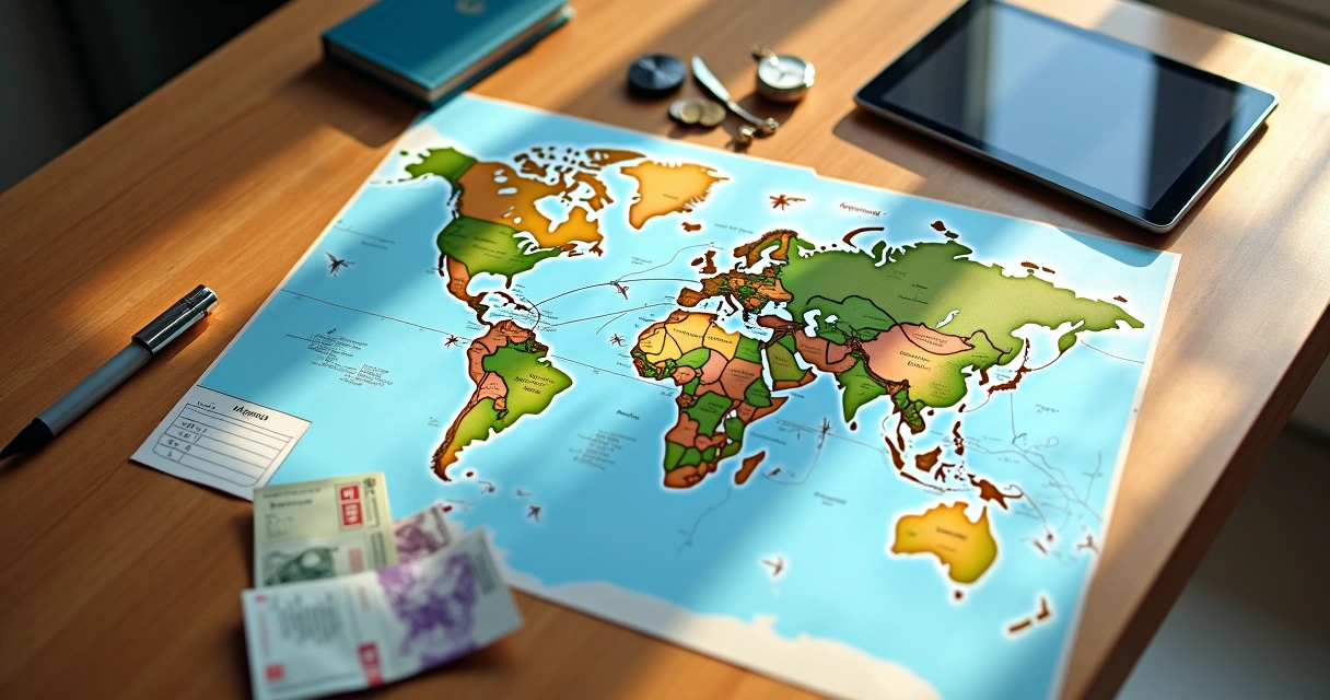 Mesa de viagem com roteiro de voos multidestinos e linhas coloridas ligando vários países 