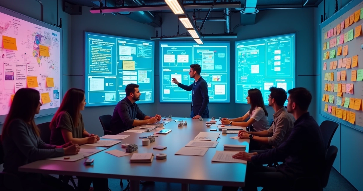 Equipe em workshop online colaborativo com quadros digitais